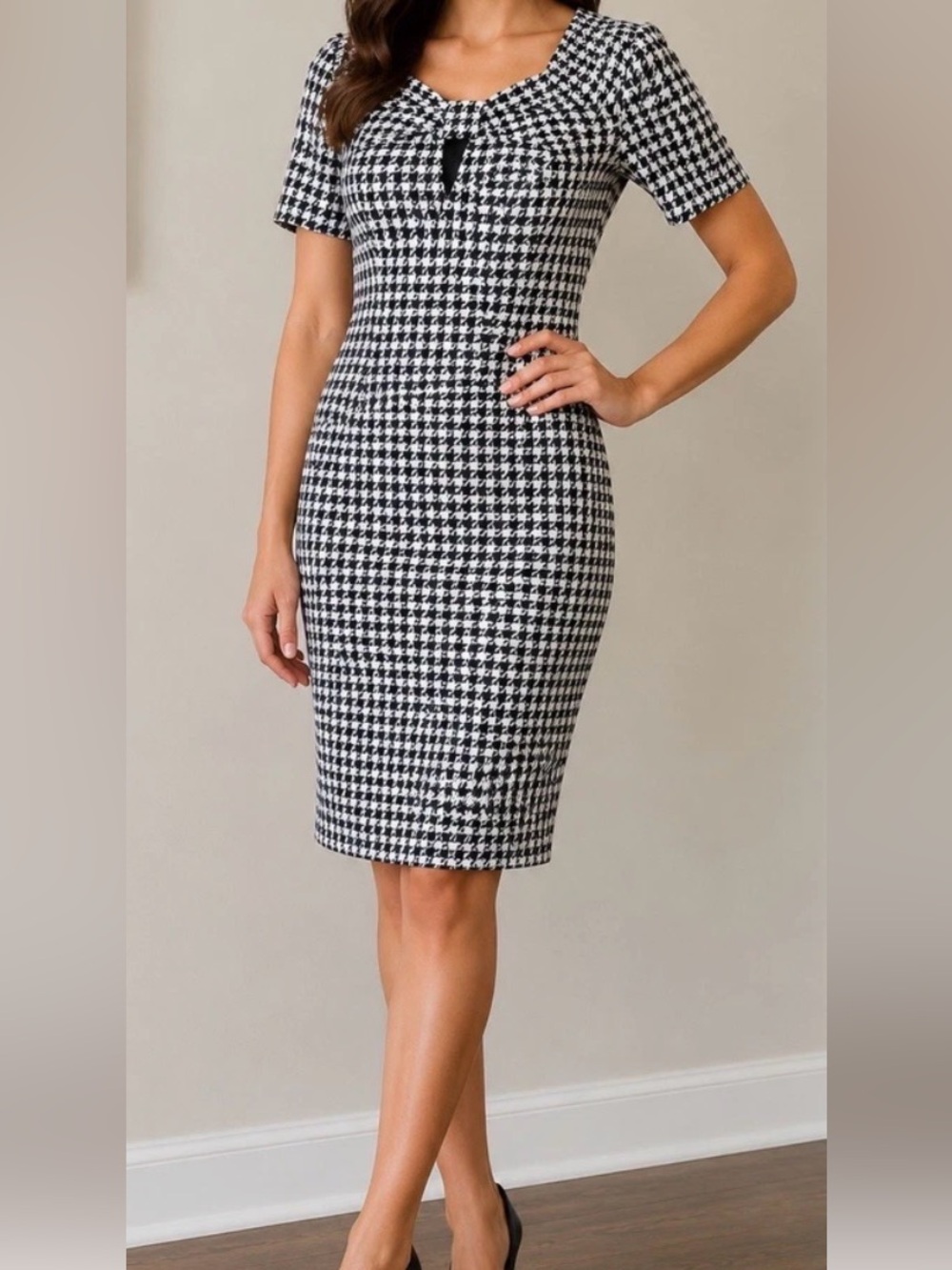 Badgley Mischka Black & White Houndstooth Pencil Skirt Dress Puff Sleeve Sz 8